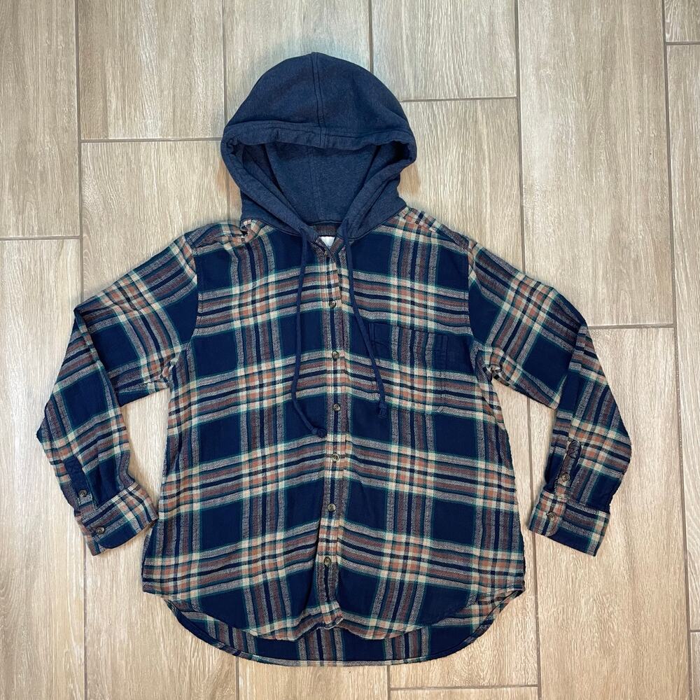 American Eagle Hooded Flannel Shirt Women’s Small Blue Green Plaid Button Front